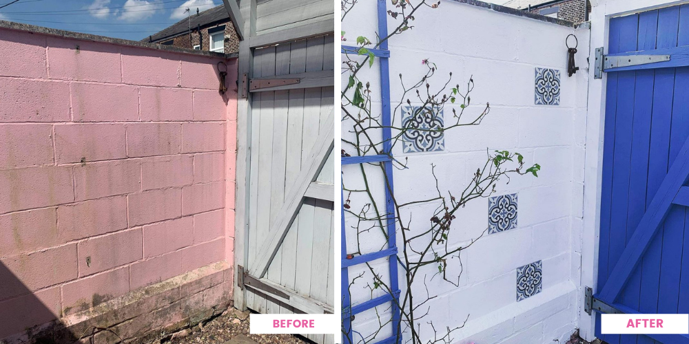 A garden wall painted with masonry paint before & after